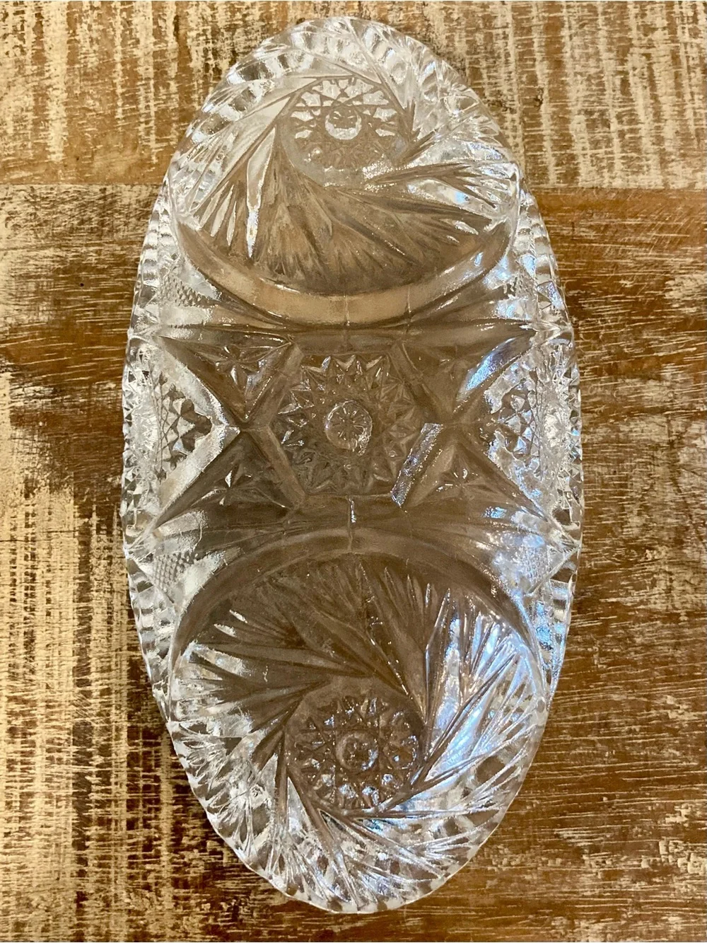 Imperial Glass Clear Whirling Star Pickle Relish Oval Sawtooth Pressed Glass